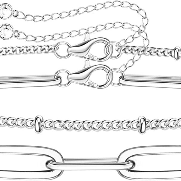 Sterling Silver Layered Chain Bracelet 14K White Gold Plated Gift for Women - Picture 1 of 6
